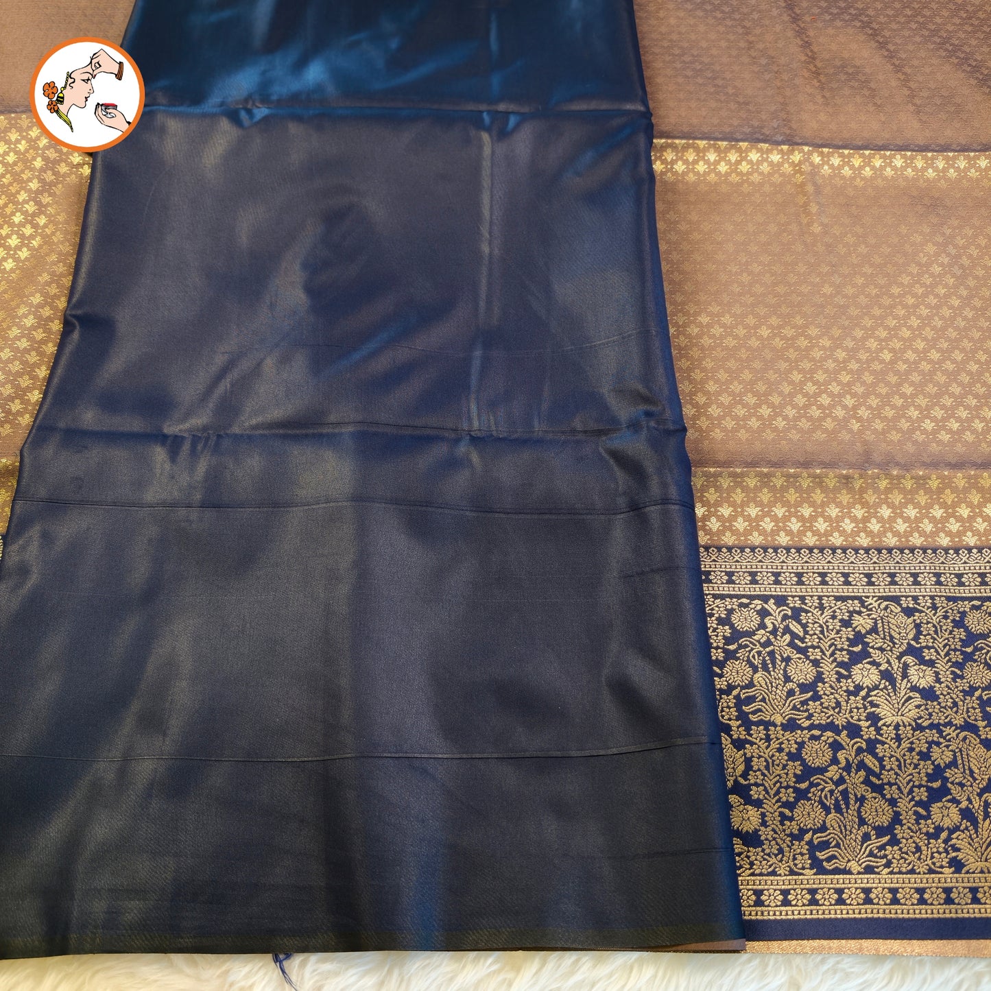 Metallic Brown with Dark Blue Fancy border Brocade Pattern Soft Silk Saree