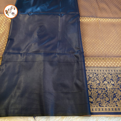 Metallic Brown with Dark Blue Fancy border Brocade Pattern Soft Silk Saree