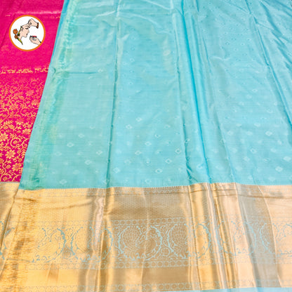 Purple with Sky Blue border Bridal Kanchipuram Mix Silk Saree