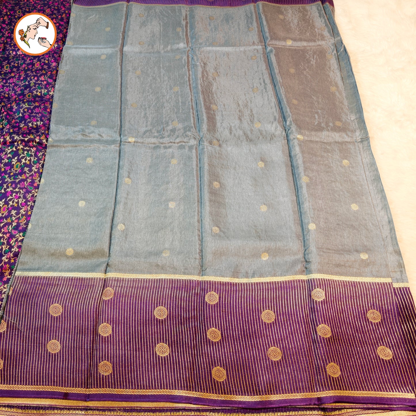 Grey Fancy Soft Silk Saree with Purple vertical stripes border