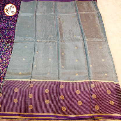 Grey Fancy Soft Silk Saree with Purple vertical stripes border