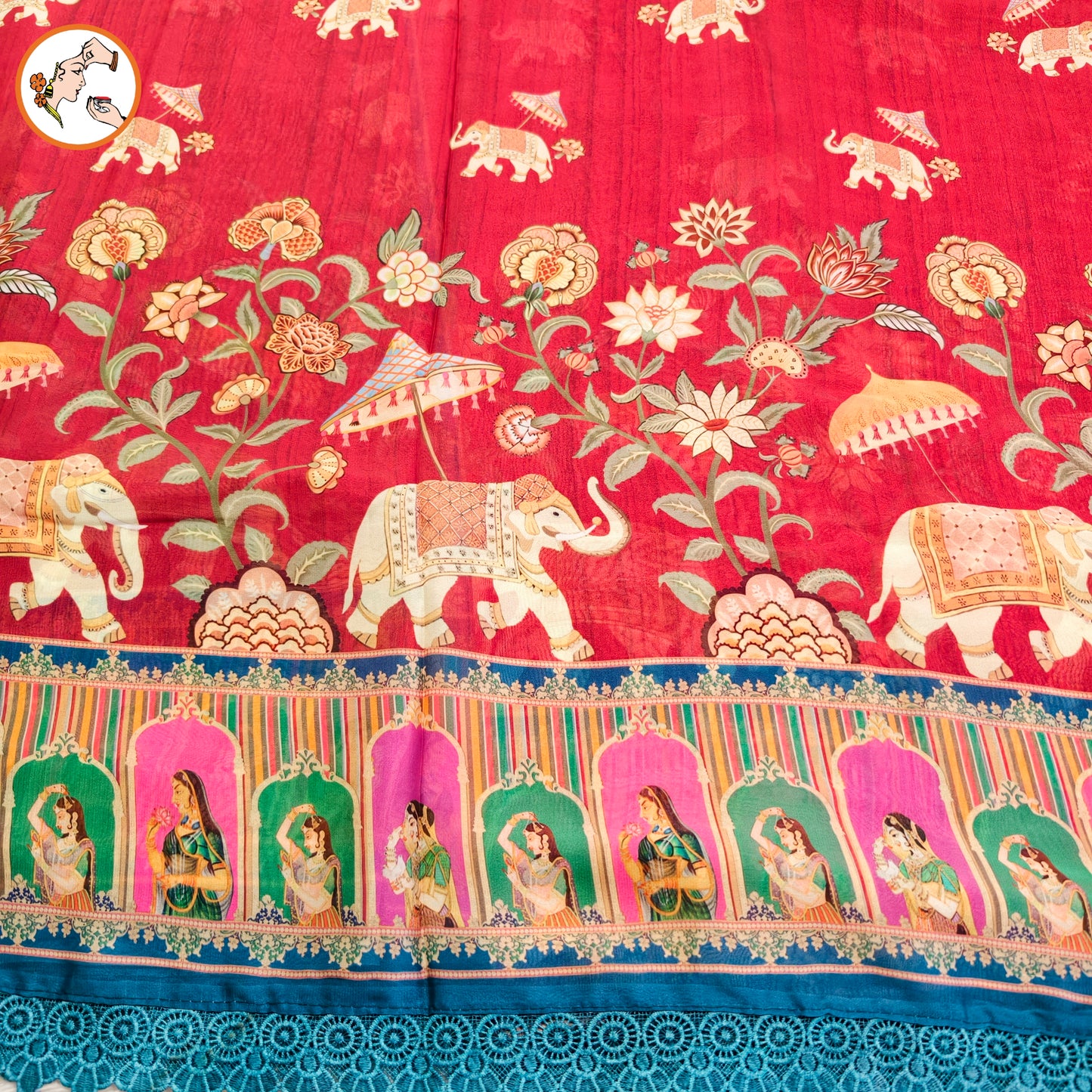 Maroon Rajput painting motif Georgette Saree with lace border