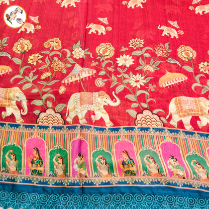 Maroon Rajput painting motif Georgette Saree with lace border