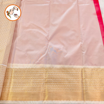 Red with Off white border golden zari vertical stripes & peacock motif Kanchipuram Semi Silk Saree