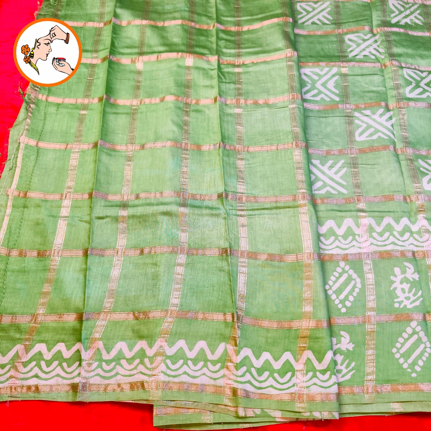 Light Green checks Saree with Flower butta Soft Cotton Casual Saree