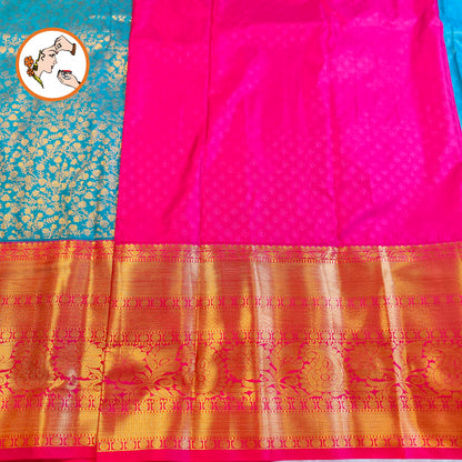 Peacock Blue & Dark Pink border with Gold zari work Traditional Kanchipuram Mix Silk Saree
