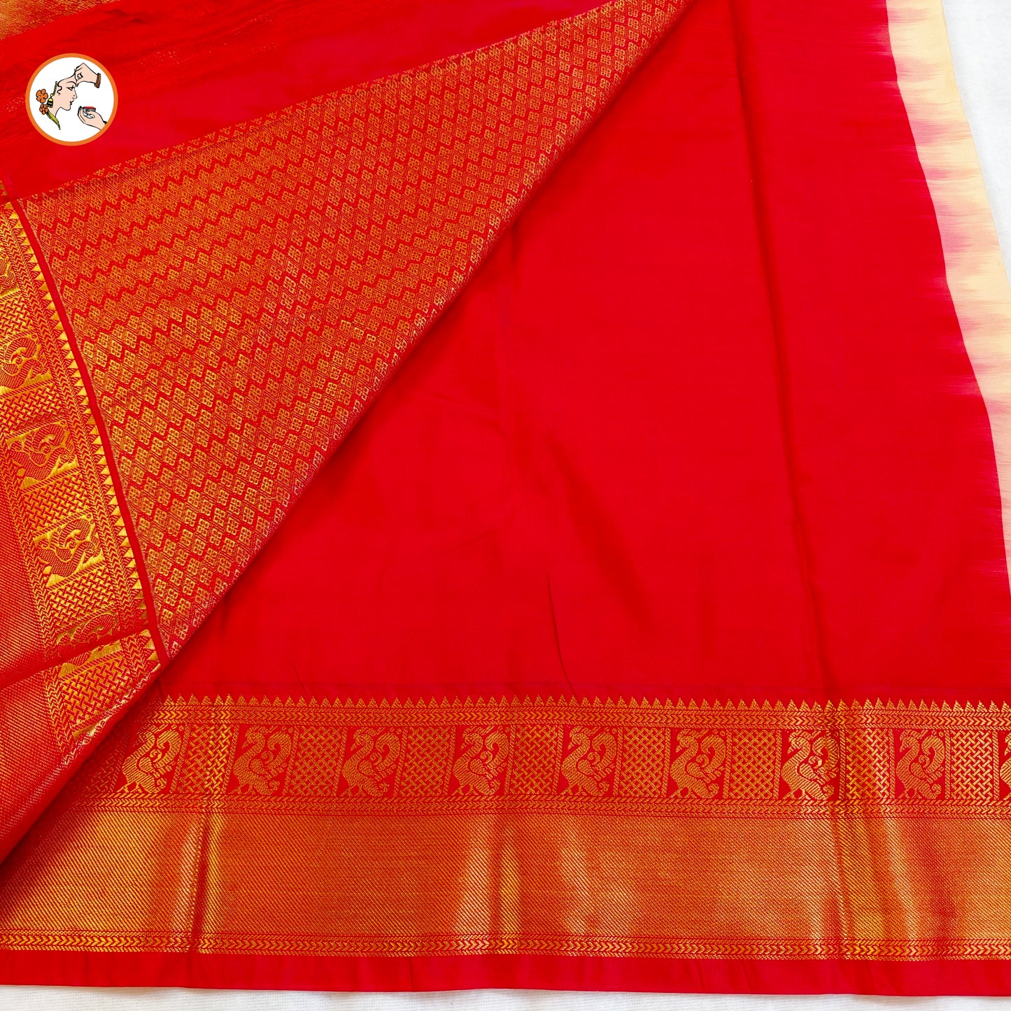 Off white Traditional checks Kanchipuram Semi Silk Saree with Red Peacock border