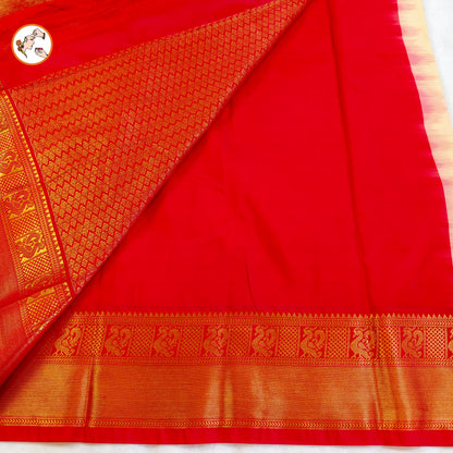 Off white Traditional checks Kanchipuram Semi Silk Saree with Red Peacock border