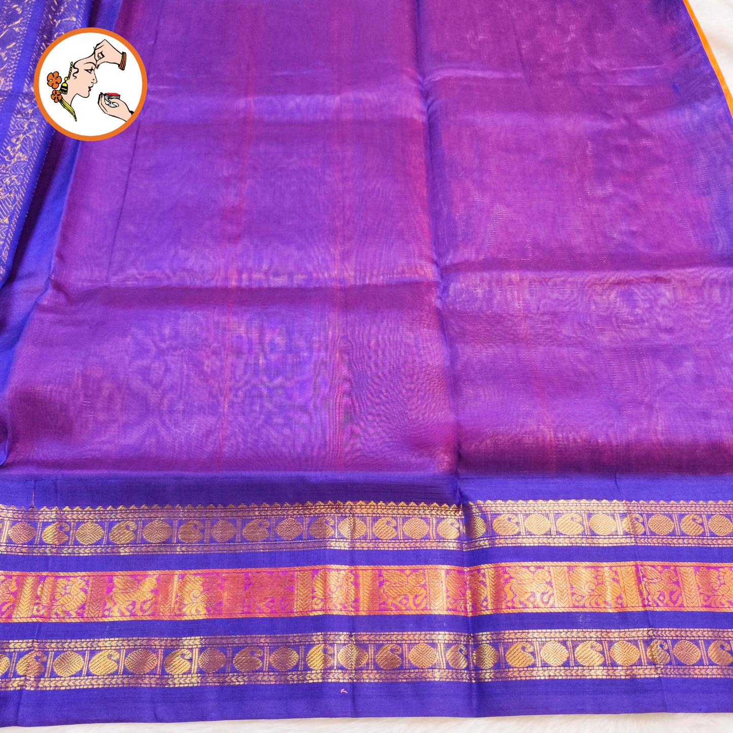 Orange with Blue Vairoosi lines Mango butta Pure Silk Cotton Saree