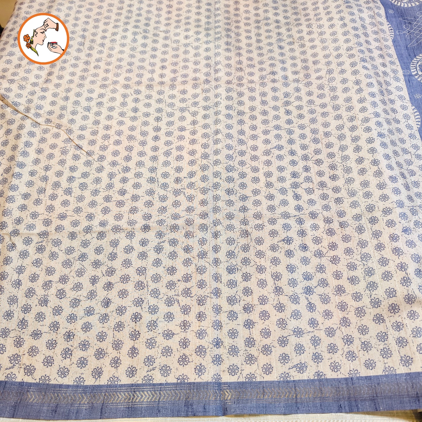 Indigo Blue Kalamkari Tussar Silk Saree with Kolam & Elephant Peacock butta