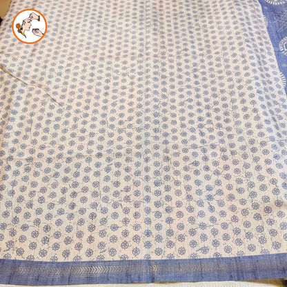 Indigo Blue Kalamkari Tussar Silk Saree with Kolam & Elephant Peacock butta