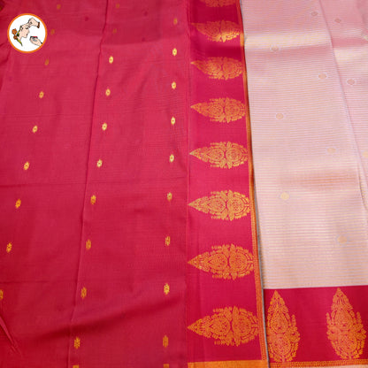 Light Pink & Red Semi Silk Saree with horizontal stripes & fancy border
