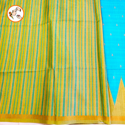 Sky Blue with Green Temple border Dola Silk Casual Saree