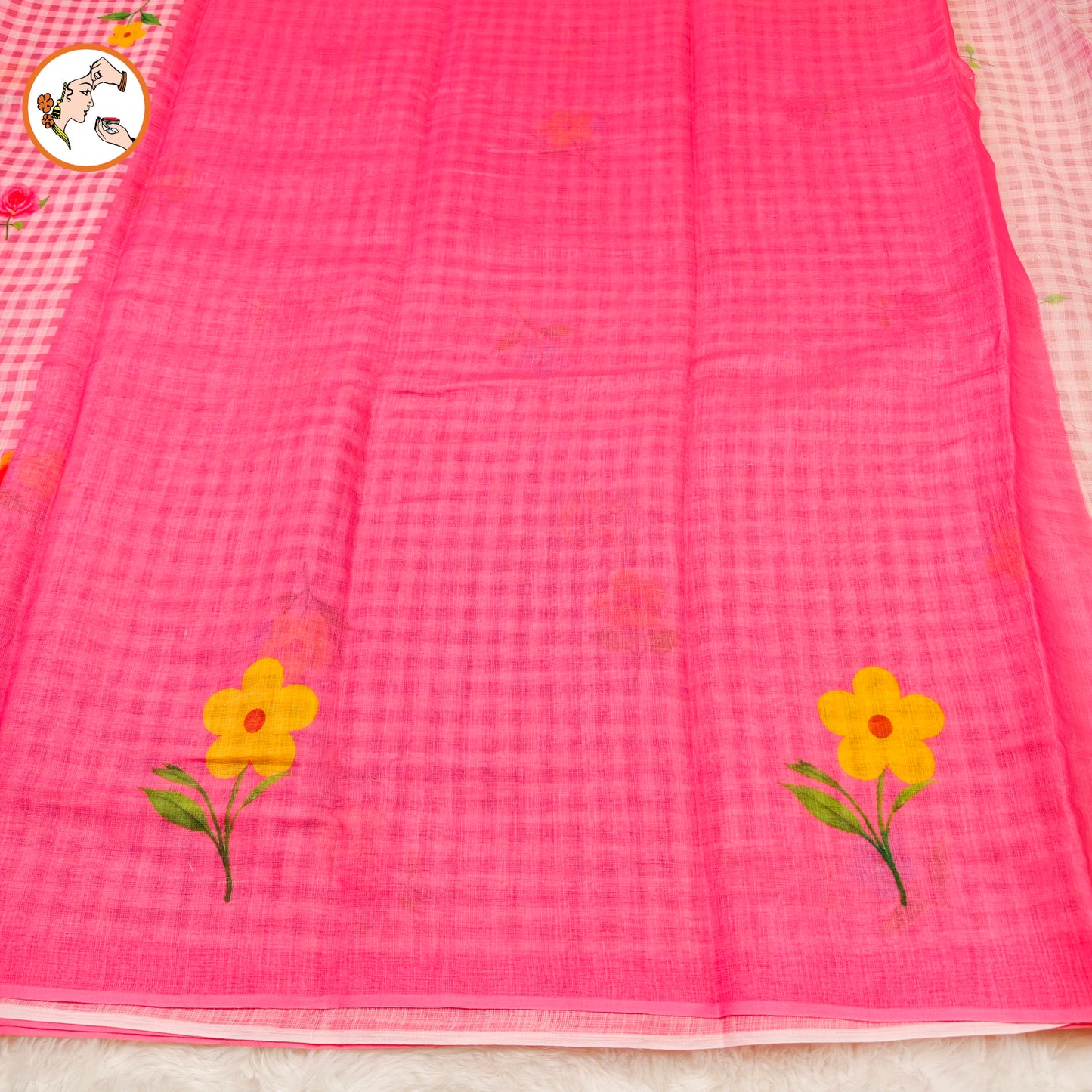 Pink checks pattern Linen Cotton Casual Saree