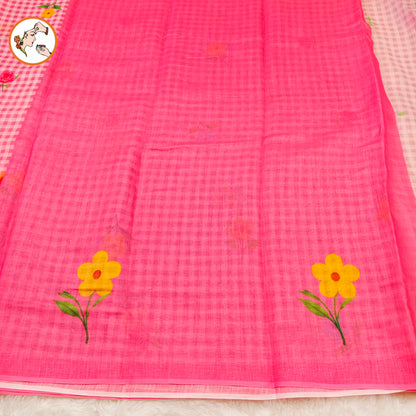 Pink checks pattern Linen Cotton Casual Saree