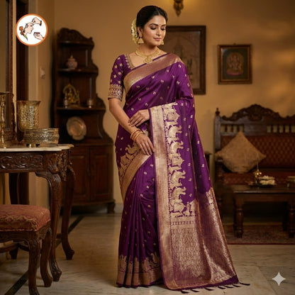 Wine colour Pallakku Banarasi Soft Silk Saree