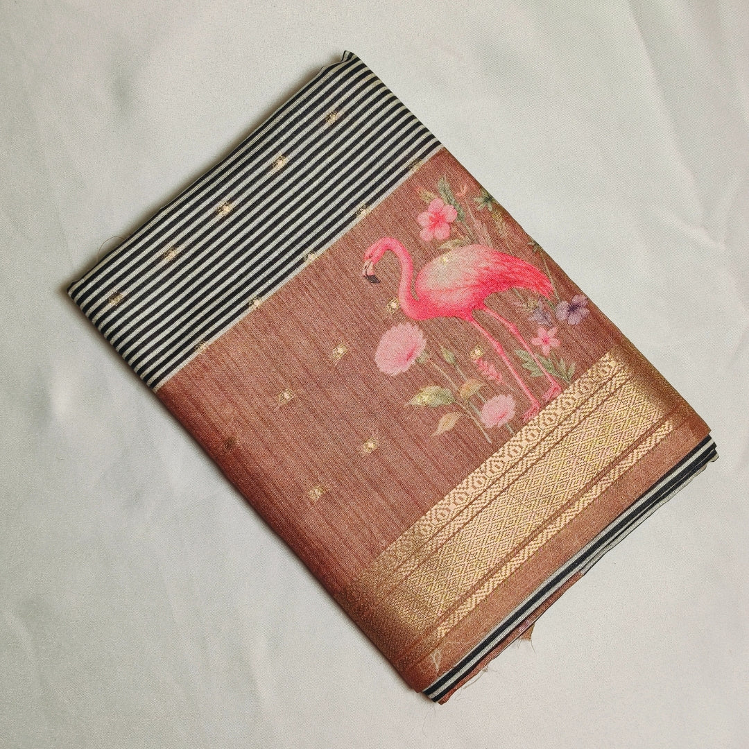 Lavender Tussar Saree with Black and White Stripes Pattern