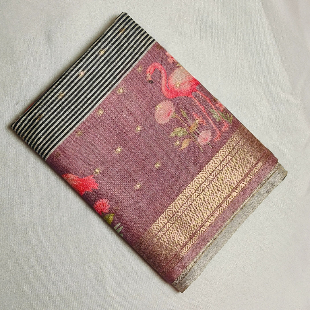 Lavender Tussar Saree with Black and White Stripes Pattern