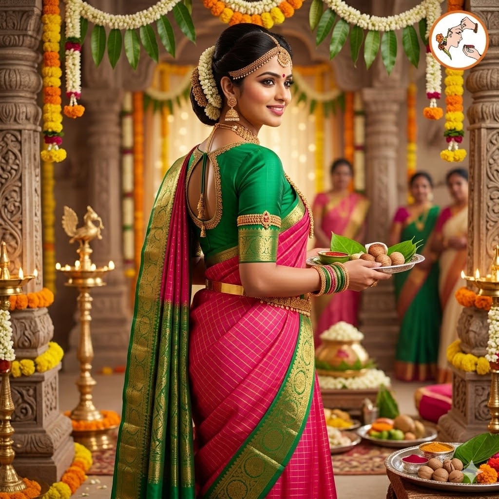 Pink with Green border Vairoosi stripes Kanchipuram Semi Silk Saree