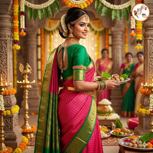 Pink with Green border Vairoosi stripes Kanchipuram Semi Silk Saree