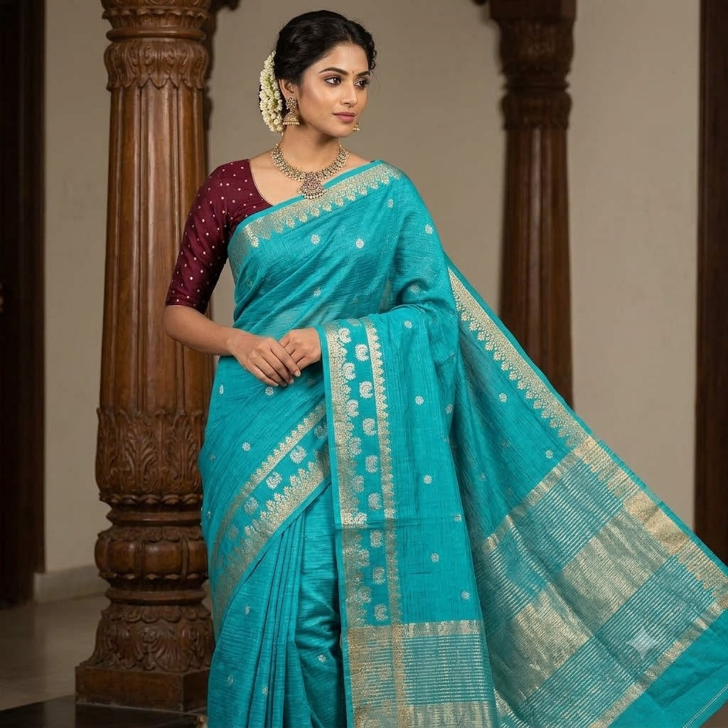 Sky Blue stripes body & peacock border Soft Viscose Fancy Silk Saree with Dark Brown Contrast blouse