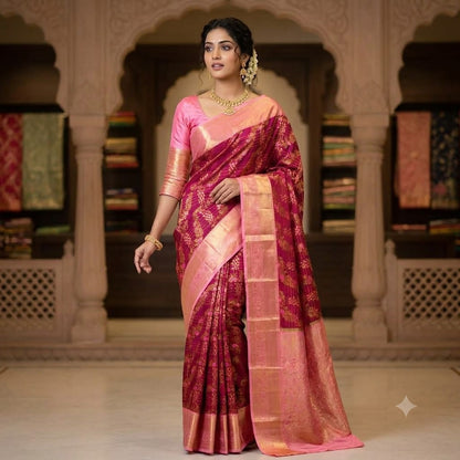 Maroon with Pink border Floral Gold zari weaving Kacnhipuram Mix Silk Saree