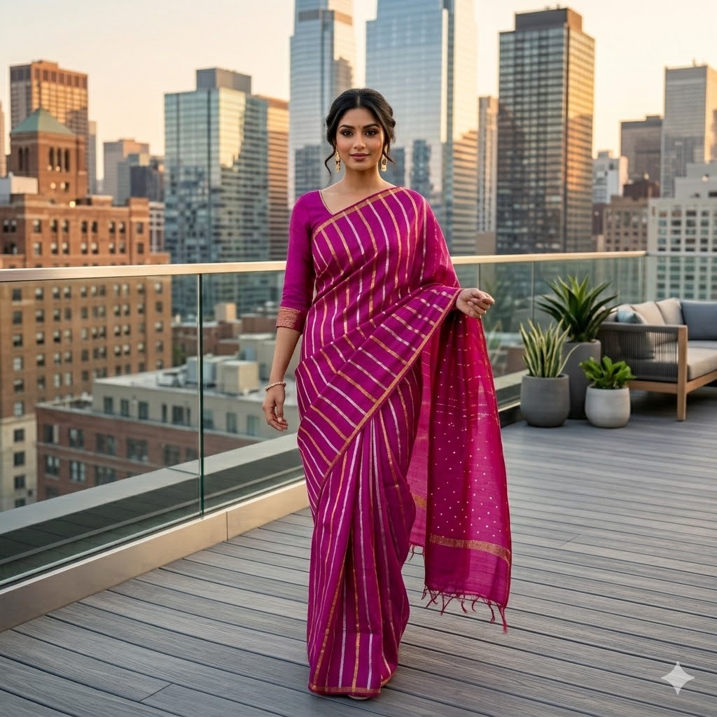 Wine Purple Vertical stripes Handloom Cotton Casual Saree