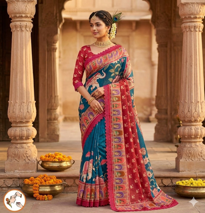 Peacock Blue Rajput painting motif Georgette Saree with lace border