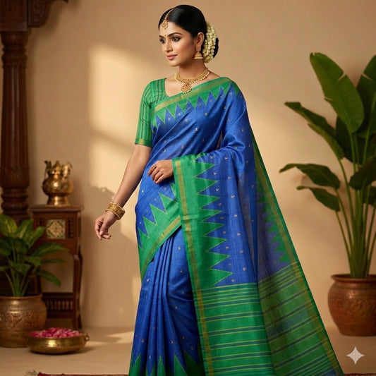 Royal Blue with Green temple border Dola Silk Casual Saree