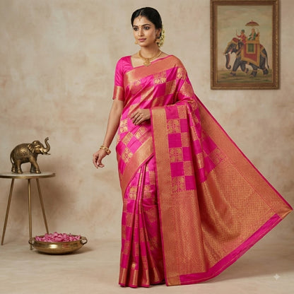 Dark Pink checkered Elephant & peacock butta Borderless Tussar Silk Saree
