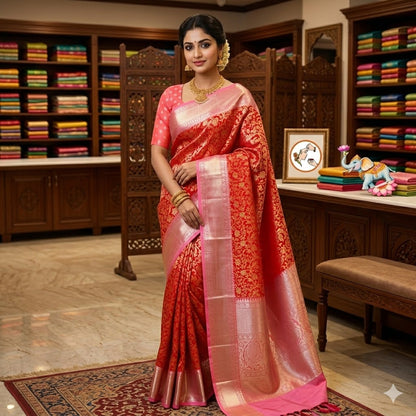 Red with Baby Pink border Bridal Kanchipuram Mix Silk Saree
