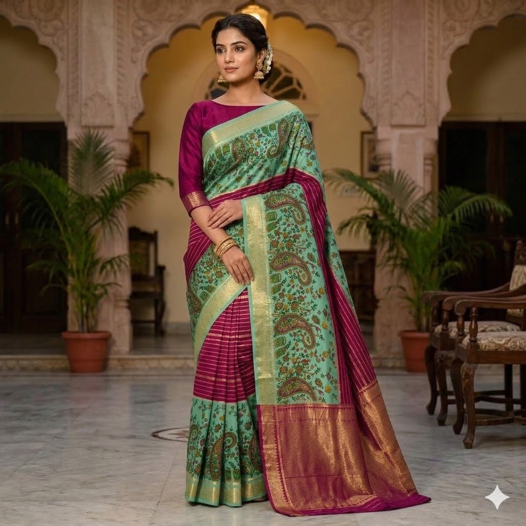 Purple & Pista Green designer semi Mysore Silk Saree