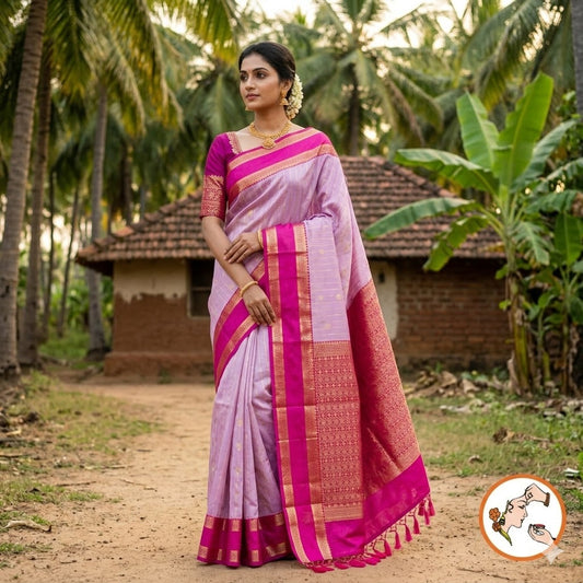 Baby Pink with Dark Pink Raindrop design Retta Petta border Semi Soft Silk Saree