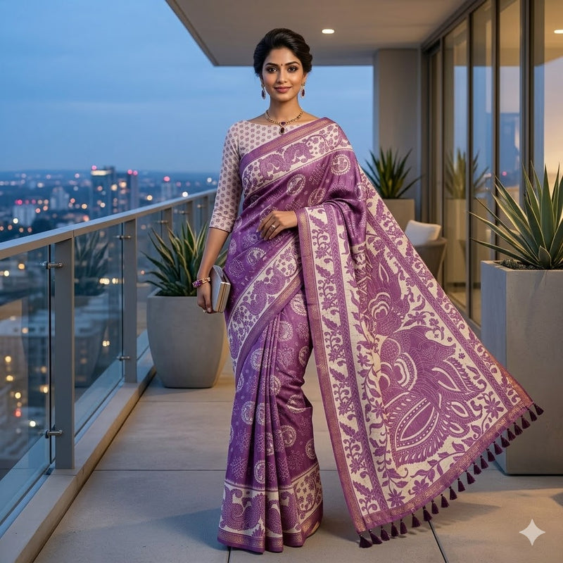 Purple Kalamkari Tussar Silk Saree with Kolam & Elephant Peacock butta