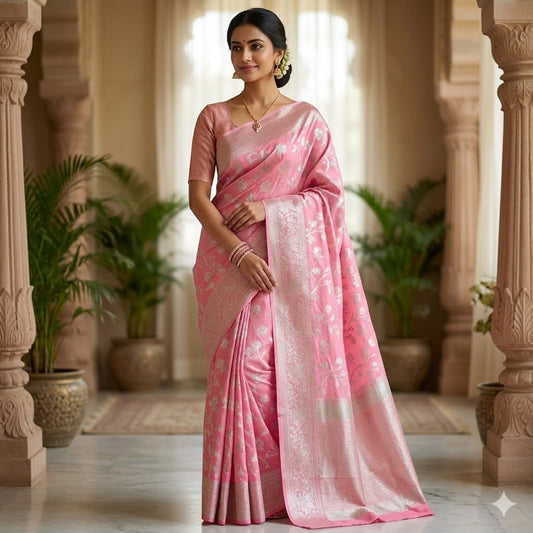 Light Pink Silver zari Banarasi Soft Silk Saree