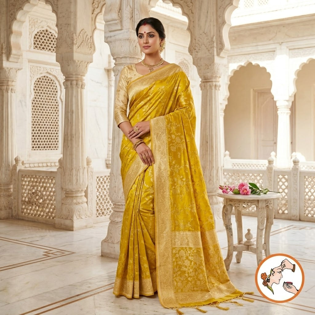 Lime Green / Olive Green Banarasi katan Russian Silk Saree with intricate Gold zari work