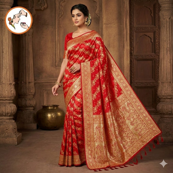 Red floral Jaal design Pure Banarasi Silk Partywear Saree