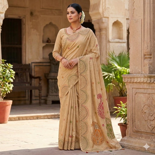 Beige colour Kantha embroidary Tussar Silk Saree