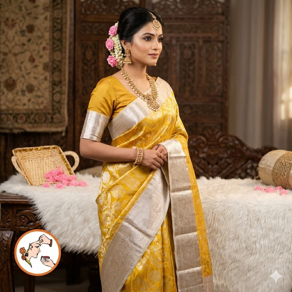Golden with Silver border Kanchipuram Tissue Silk Saree