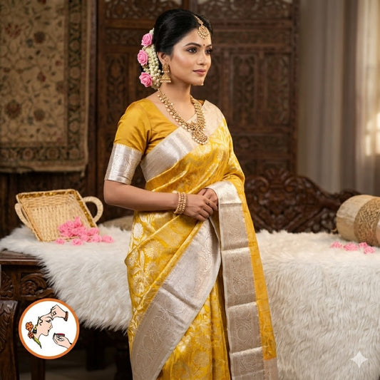 Golden with Silver border Kanchipuram Tissue Silk Saree