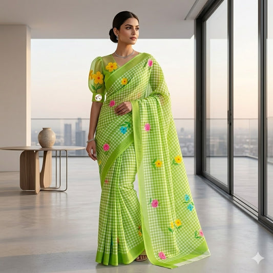 Parrot Green checks pattern Linen Cotton Casual Saree