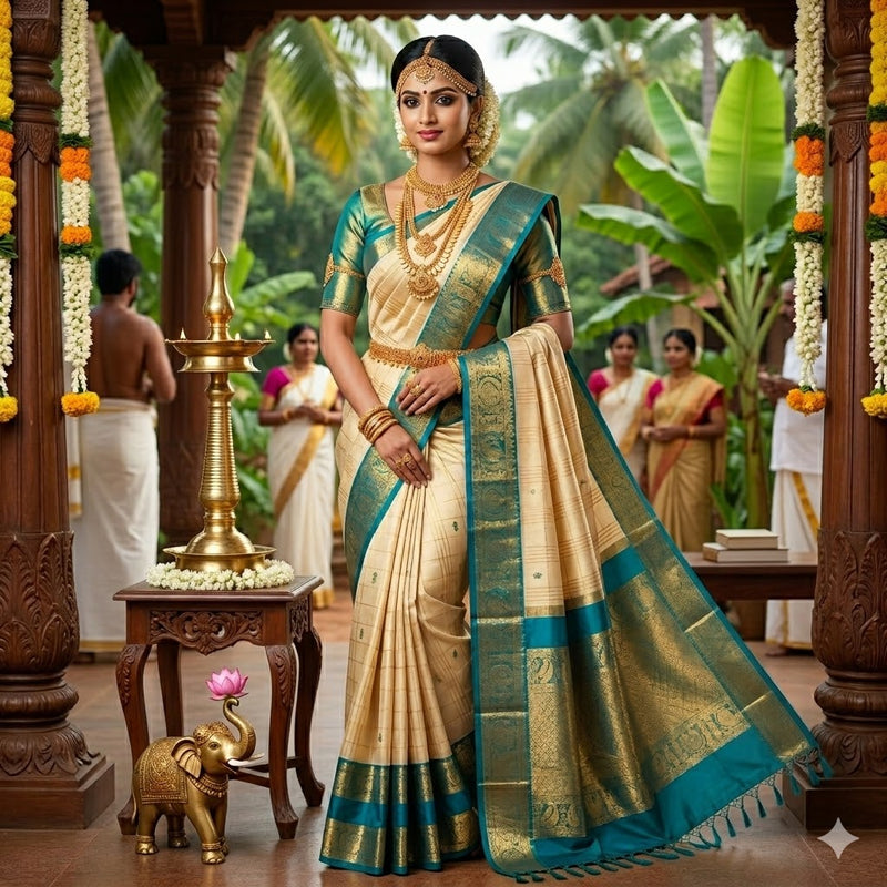 Off white with Peacock Blue border High Tissue Kanchipuram Semi Silk Saree