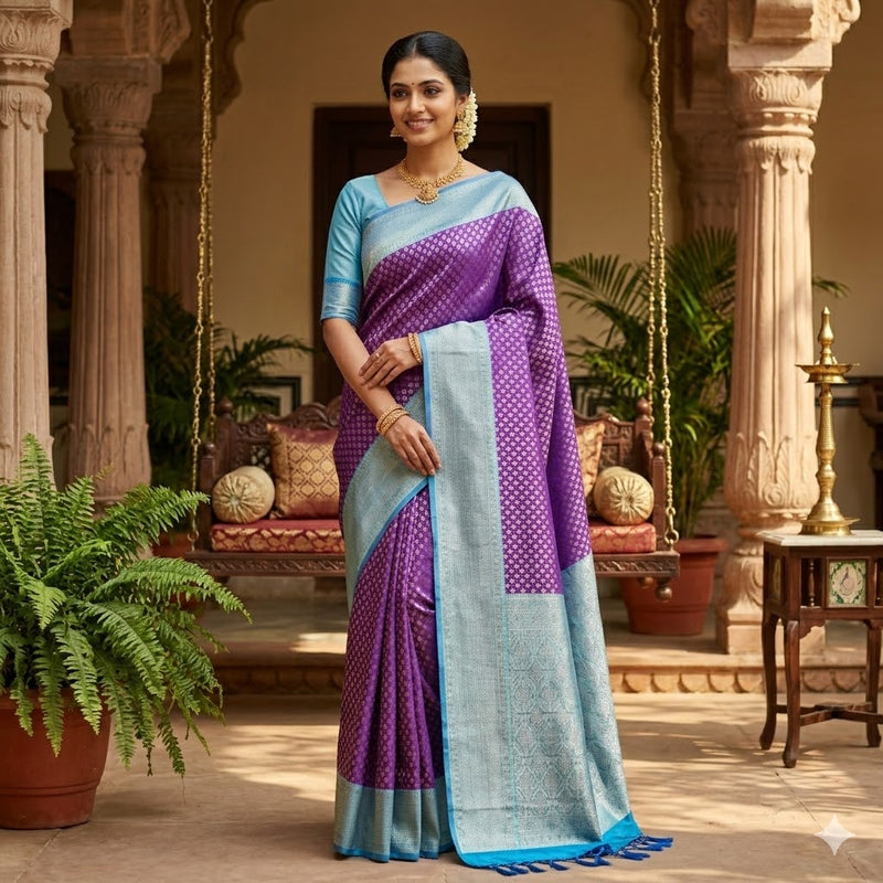 Purple with Turquoise Fancy border Brocade Pattern Soft Silk Saree