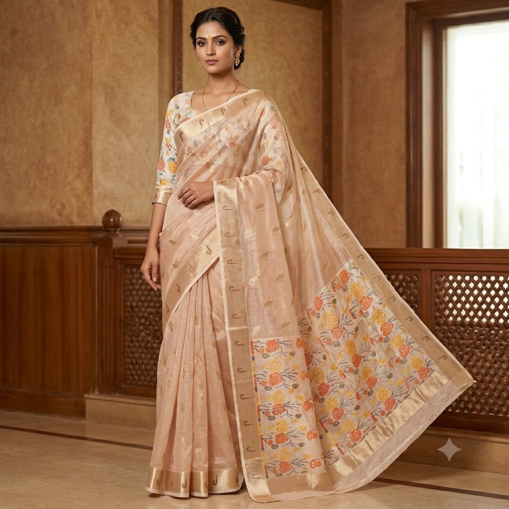 Baby Pink Paithani border Kota Tissue Fancy Silk Saree