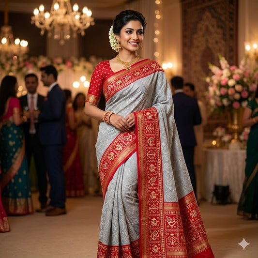 Grey with Red paithani border Lucknowi Chikankari Embroidery Pure Chiffon Partywear Saree