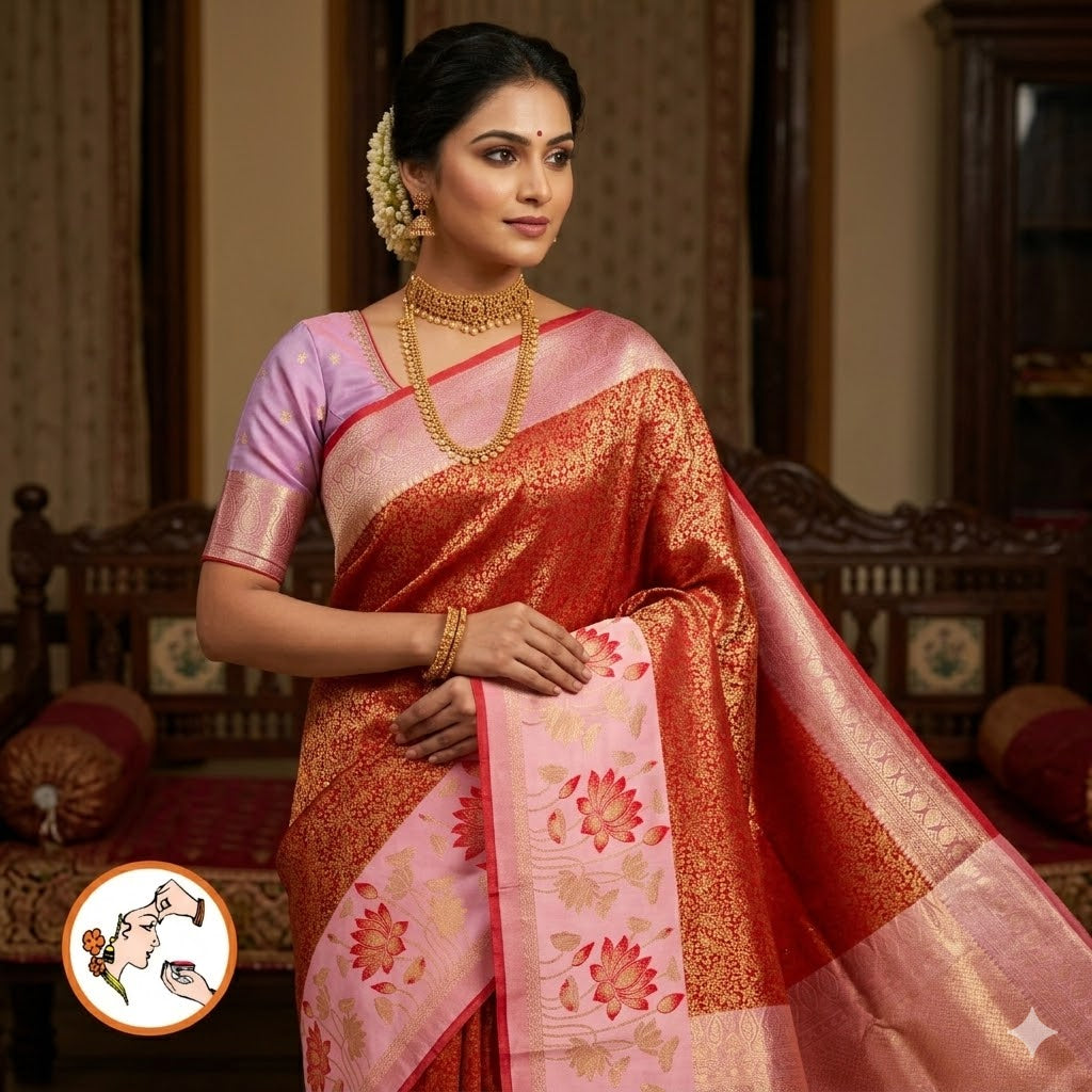 Red with Pink Lotus border Fancy Semi Silk Saree