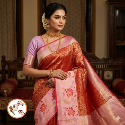 Red with Pink Lotus border Fancy Semi Silk Saree