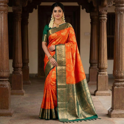 Rich Orange & Dark Green border with gold zari Peacock & floral motifs Traditional Kanchipuram Mix Silk Saree