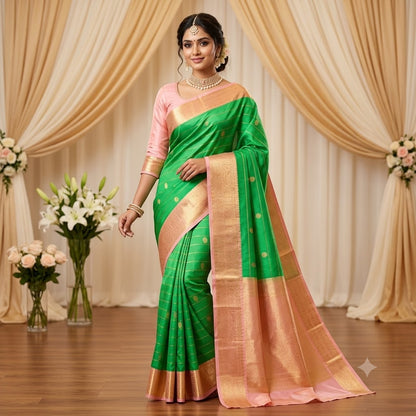 Emerald Green with Baby Pink border Golden zari Horizontal stripes Kanchipuram Semi Silk Saree