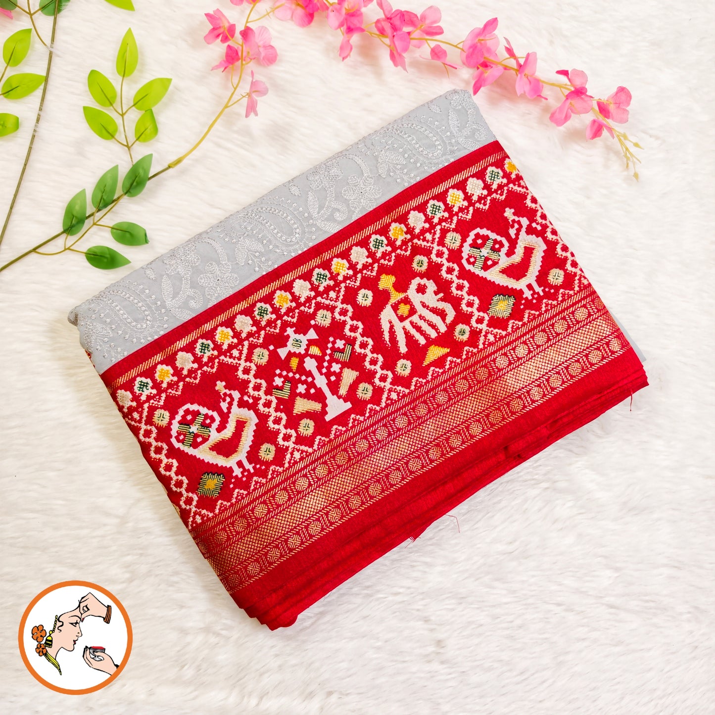 Grey with Red paithani border Lucknowi Chikankari Embroidery Pure Chiffon Partywear Saree